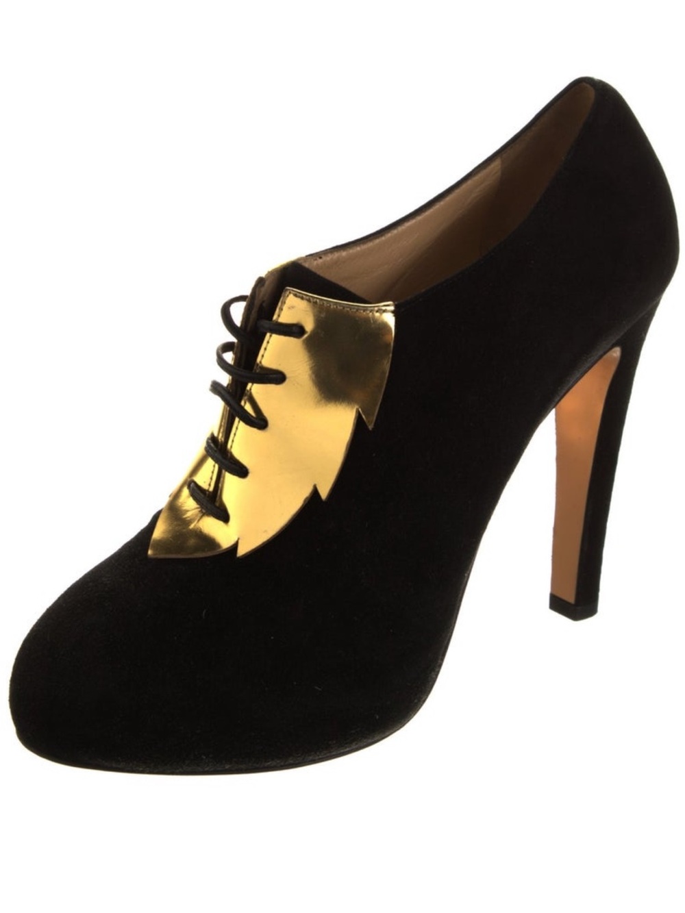 CHARLOTTE OLYMPIA Suede Boots with Metallic Gold Lace Bib | size 39 or US 9